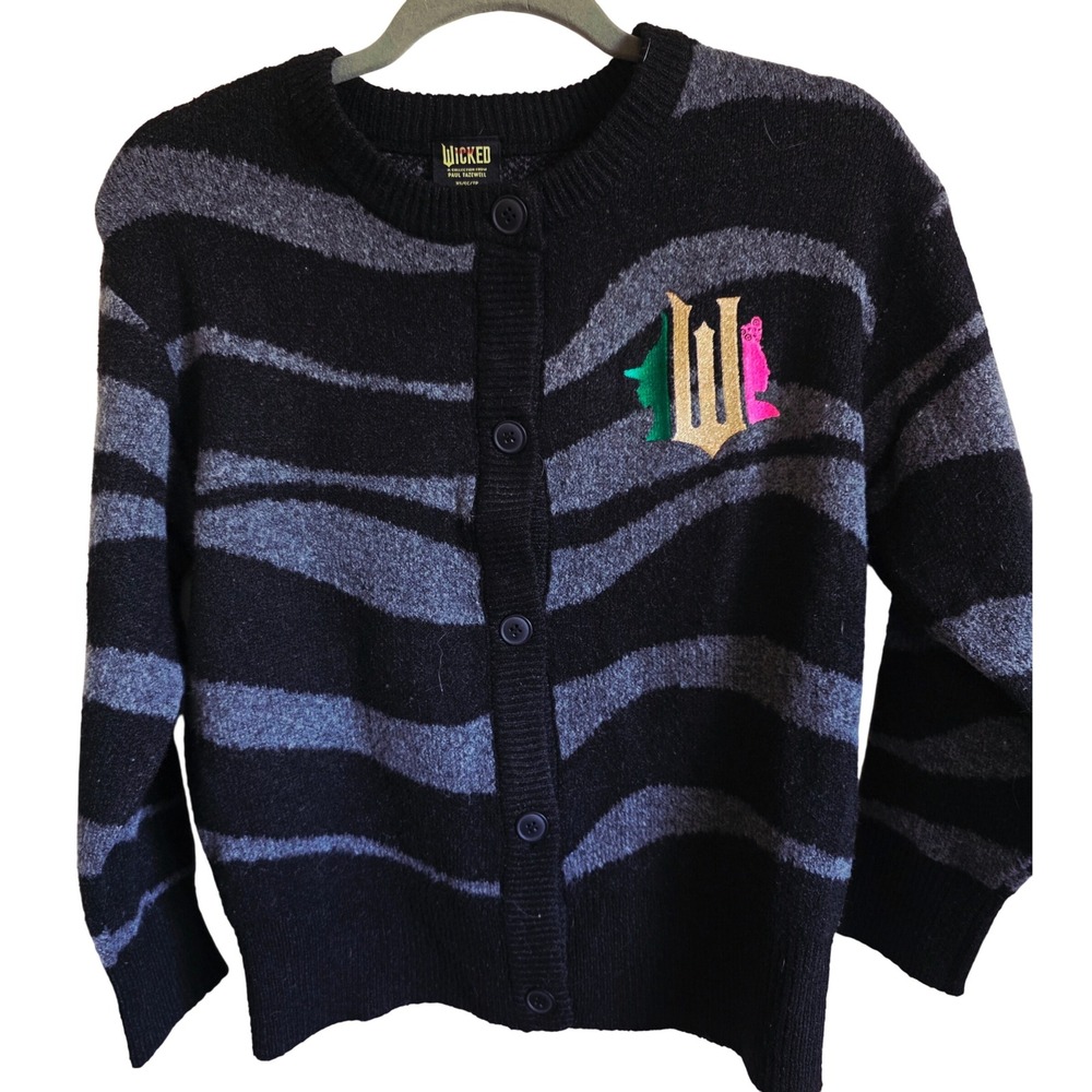 Wicked Paul Tazewell Striped Cardigan XS Embroidered Logo Black Gray‎ Sweater